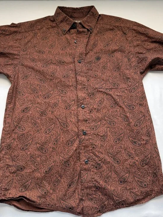 Ariat Paisley Button Up Shirt Rust Brown Western Cowboy Long Sleeve XS - Picture 2 of 8